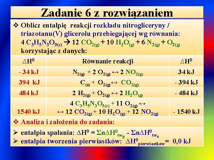 Zadanie 6 z rozwiązaniem v Oblicz entalpię reakcji rozkładu nitrogliceryny / triazotanu(V) glicerolu przebiegającej