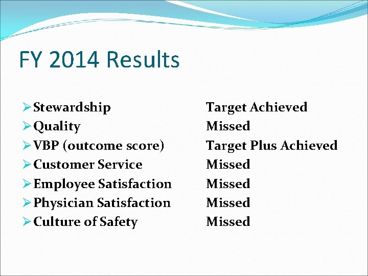 FY 2014 Results Ø Stewardship Ø Quality Ø VBP (outcome score) Ø Customer Service