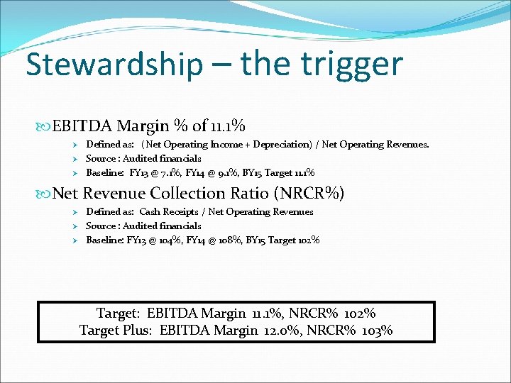 Stewardship – the trigger EBITDA Margin % of 11. 1% Ø Ø Ø Defined