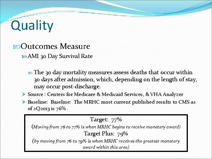 Quality Outcomes Measure AMI 30 Day Survival Rate The 30 day mortality measures assess