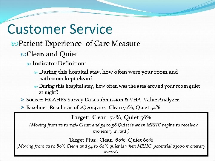 Customer Service Patient Experience of Care Measure Clean and Quiet Indicator Definition: During this