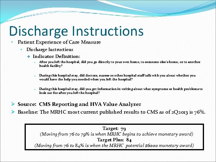 Discharge Instructions • Patient Experience of Care Measure • Discharge Instructions v Indicator Definition: