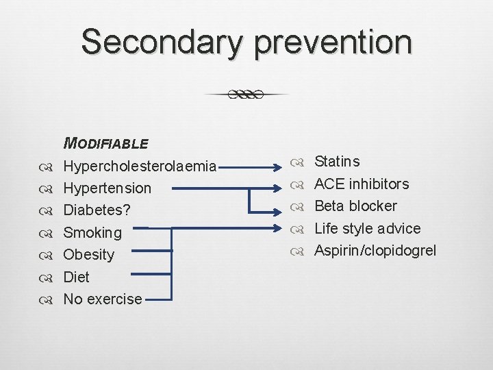 Secondary prevention MODIFIABLE Hypercholesterolaemia Hypertension Diabetes? Smoking Obesity Diet No exercise Statins ACE inhibitors Secondary prevention MODIFIABLE Hypercholesterolaemia Hypertension Diabetes? Smoking Obesity Diet No exercise Statins ACE inhibitors