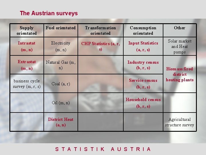 The Austrian surveys Supply orientated Fuel orientated Transformation orientated Consumption orientated Other Intrastat (m,