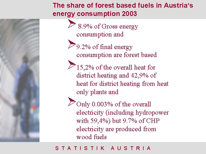 The share of forest based fuels in Austria‘s energy consumption 2003 8. 9% of