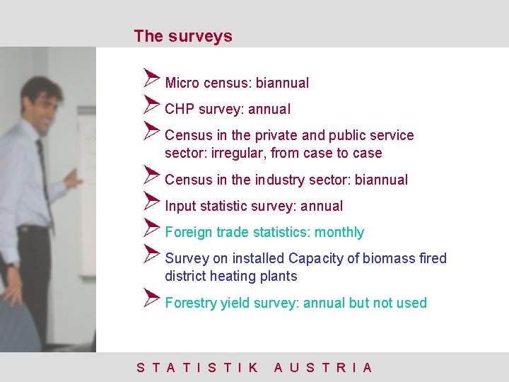 The surveys Micro census: biannual CHP survey: annual Census in the private and public