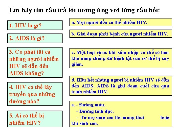 Em hãy tìm câu trả lời tương ứng với từng câu hỏi: 1. HIV