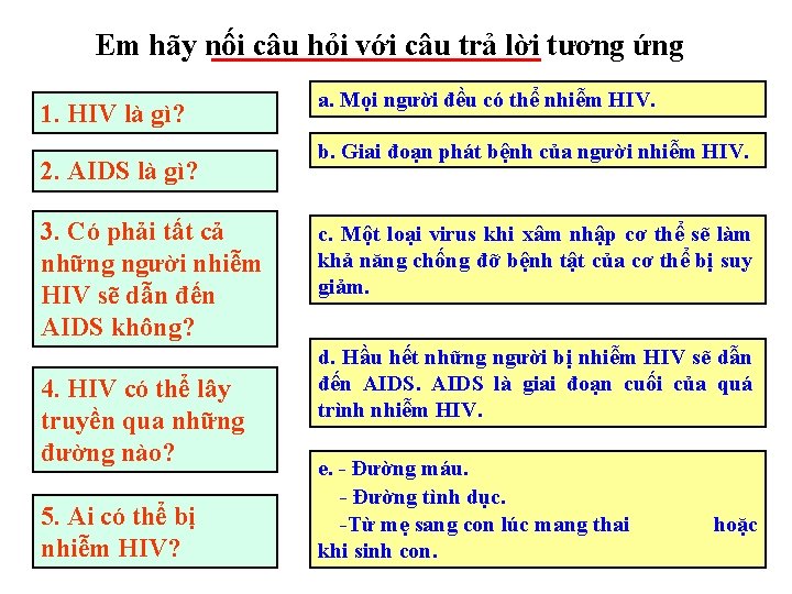 Em hãy nối câu hỏi với câu trả lời tương ứng 1. HIV là