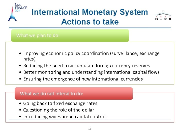 International Monetary System Actions to take What we plan to do: • Improving economic
