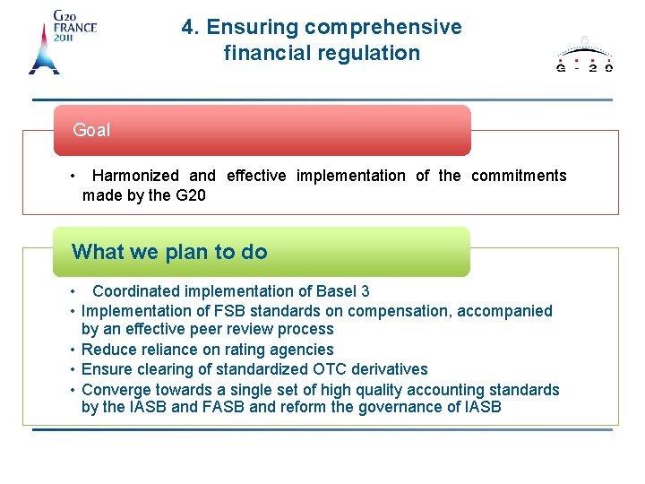 4. Ensuring comprehensive financial regulation Goal • Harmonized and effective implementation of the commitments