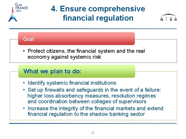 4. Ensure comprehensive financial regulation Goal • Protect citizens, the financial system and the
