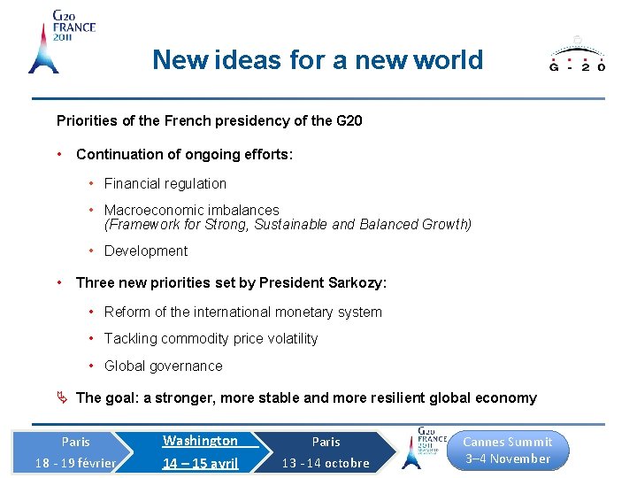 New ideas for a new world Priorities of the French presidency of the G