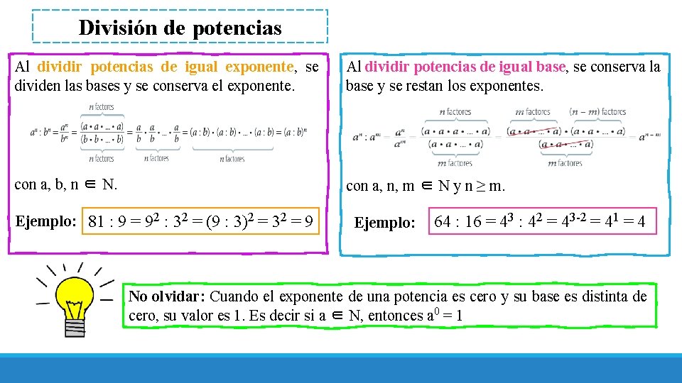 División de potencias Al dividir potencias de igual exponente, se dividen las bases y