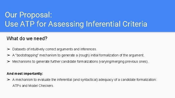 Our Proposal: Use ATP for Assessing Inferential Criteria What do we need? ➢ Datasets