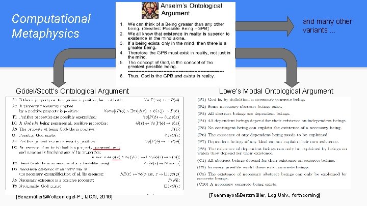 Computational Metaphysics Gödel/Scott’s Ontological Argument [Benzmüller&Woltzenlogel-P. , IJCAI, 2016] and many other variants. .