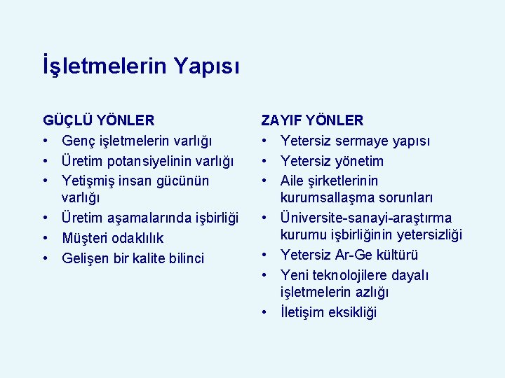 İşletmelerin Yapısı GÜÇLÜ YÖNLER • Genç işletmelerin varlığı • Üretim potansiyelinin varlığı • Yetişmiş