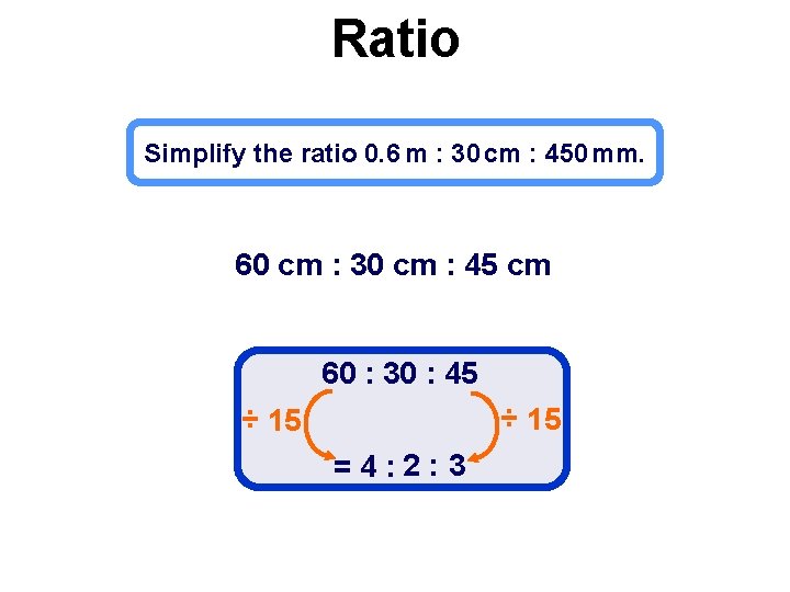 Ratio Simplify the ratio 0. 6 m : 30 cm : 450 mm. 60