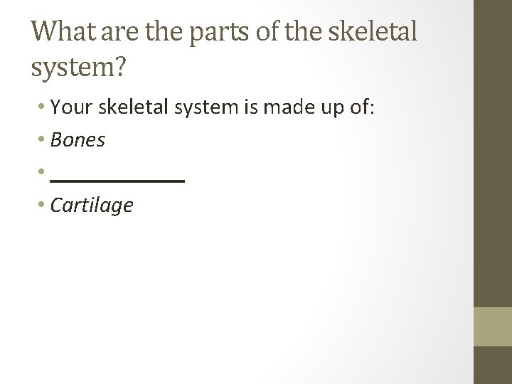 What are the parts of the skeletal system? • Your skeletal system is made