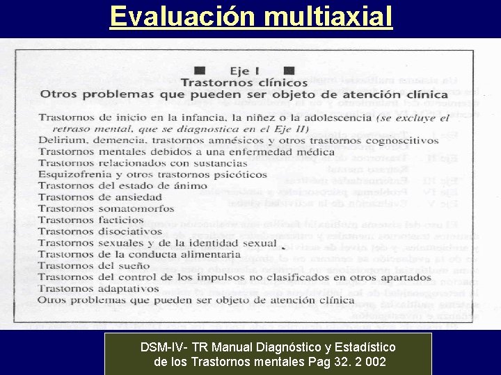 Evaluación multiaxial DSM-IV- TR Manual Diagnóstico y Estadístico de los Trastornos mentales Pag 32.