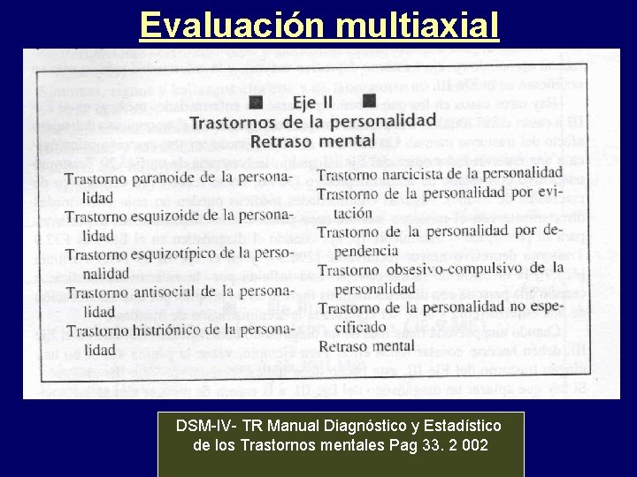 Evaluación multiaxial DSM-IV- TR Manual Diagnóstico y Estadístico de los Trastornos mentales Pag 33.