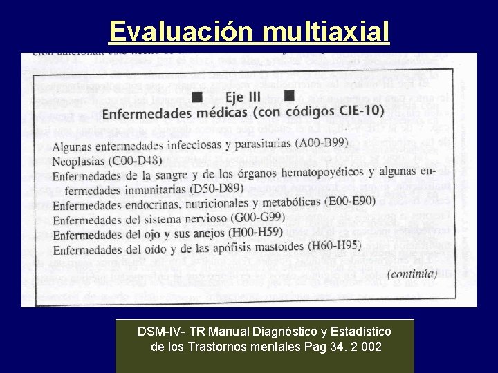 Evaluación multiaxial DSM-IV- TR Manual Diagnóstico y Estadístico de los Trastornos mentales Pag 34.