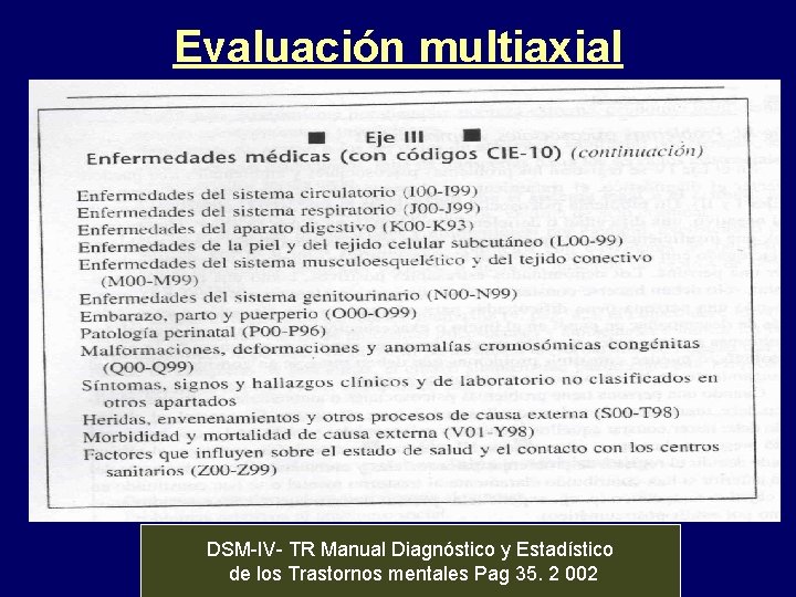 Evaluación multiaxial DSM-IV- TR Manual Diagnóstico y Estadístico de los Trastornos mentales Pag 35.
