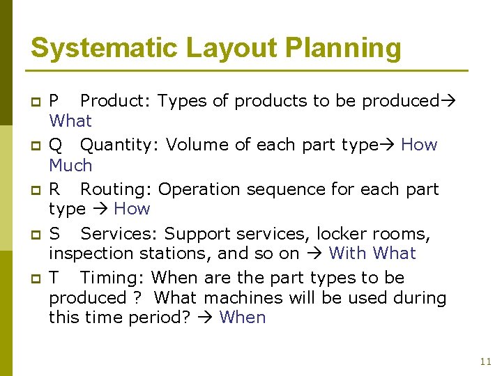 Systematic Layout Planning p p p P Product: Types of products to be produced