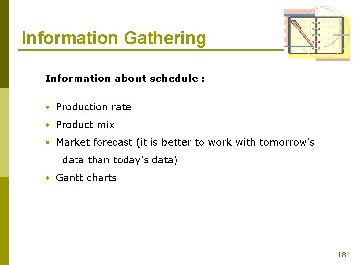 Information Gathering Information about schedule : • Production rate • Product mix • Market