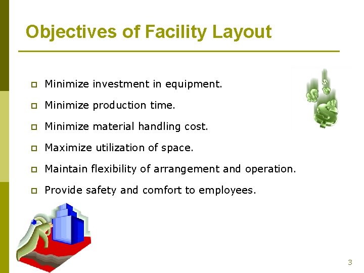 Objectives of Facility Layout p Minimize investment in equipment. p Minimize production time. p