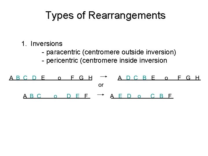 Types of Rearrangements 1. Inversions - paracentric (centromere outside inversion) - pericentric (centromere inside