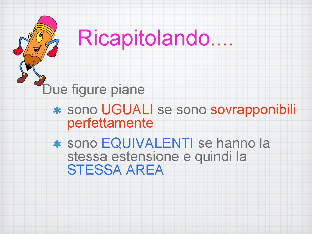 Ricapitolando. . Due figure piane sono UGUALI se sono sovrapponibili perfettamente sono EQUIVALENTI se