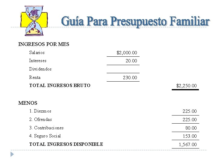 INGRESOS POR MES Salarios Intereses $2, 000. 00 20. 00 Dividendos Renta TOTAL INGRESOS INGRESOS POR MES Salarios Intereses $2, 000. 00 20. 00 Dividendos Renta TOTAL INGRESOS