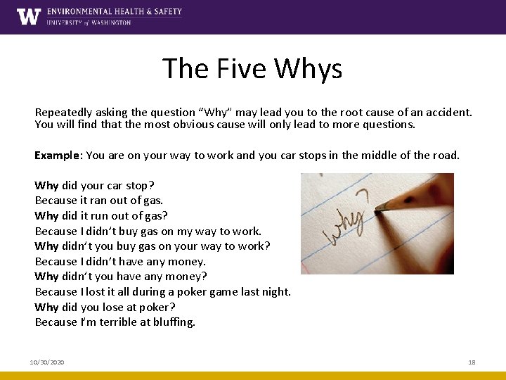 The Five Whys Repeatedly asking the question “Why” may lead you to the root