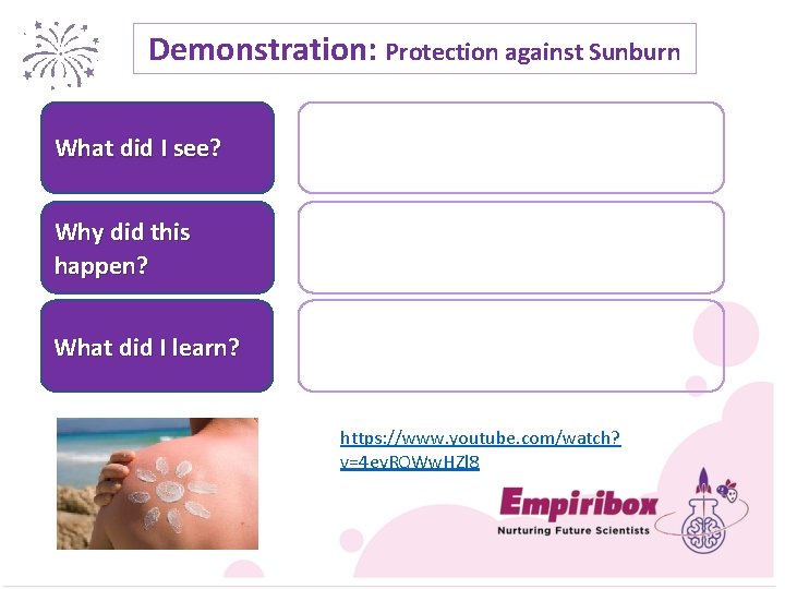 Demonstration: Protection against Sunburn What did I see? Why did this happen? What did