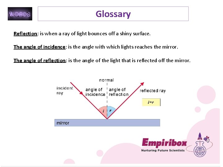 Glossary Reflection: is when a ray of light bounces off a shiny surface. The