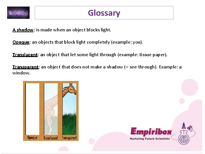 Glossary A shadow: is made when an object blocks light. Opaque: an objects that