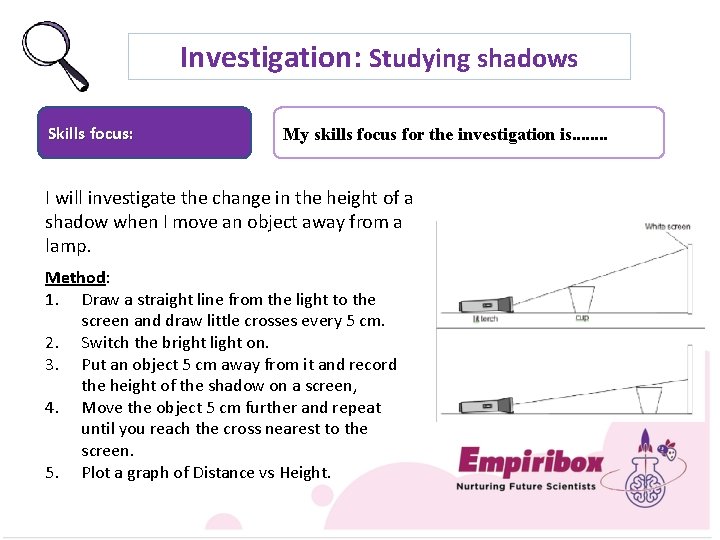 Investigation: Studying shadows Skills focus: My skills focus for the investigation is. . .