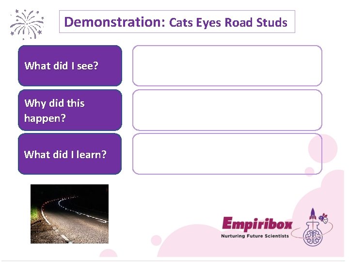 Demonstration: Cats Eyes Road Studs What did I see? Why did this happen? What