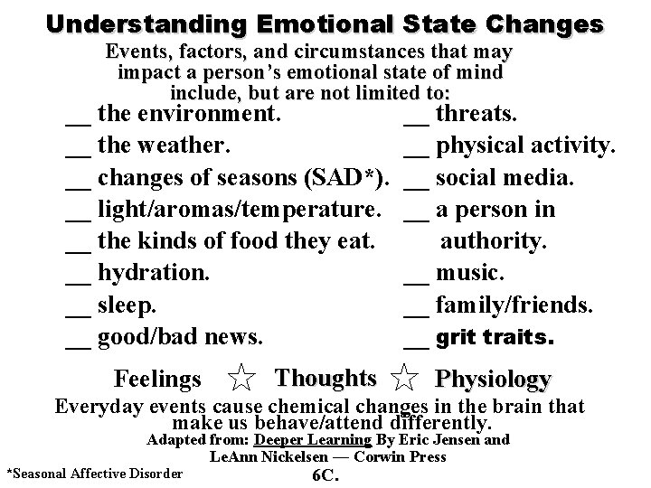 Understanding Emotional State Changes Events, factors, and circumstances that may impact a person’s emotional Understanding Emotional State Changes Events, factors, and circumstances that may impact a person’s emotional