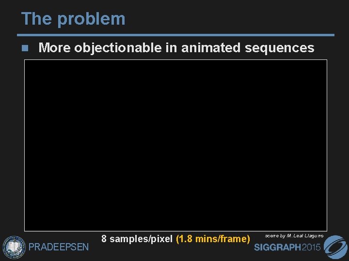 The problem More objectionable in animated sequences PRADEEPSEN 8 samples/pixel (1. 8 mins/frame) scene