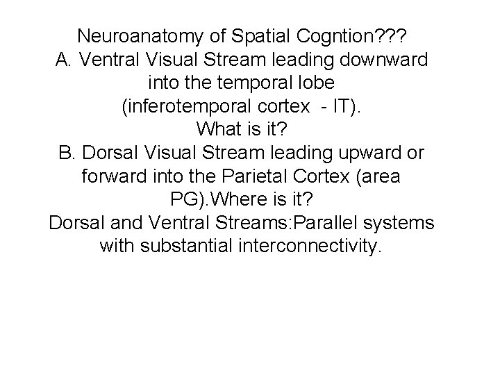 Neuroanatomy of Spatial Cogntion? ? ? A. Ventral Visual Stream leading downward into the