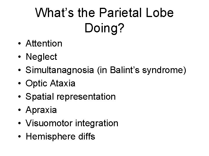 What’s the Parietal Lobe Doing? • • Attention Neglect Simultanagnosia (in Balint’s syndrome) Optic