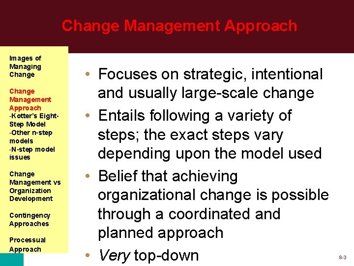 Change Management Approach Images of Managing Change Management Approach -Kotter’s Eight. Step Model -Other