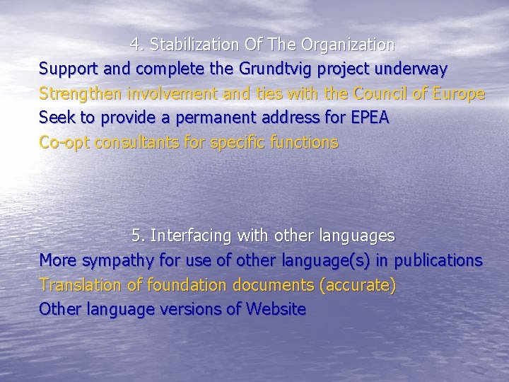 4. Stabilization Of The Organization Support and complete the Grundtvig project underway Strengthen involvement