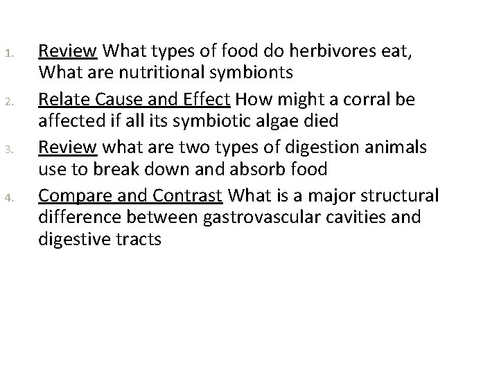 1. 2. 3. 4. Review What types of food do herbivores eat, What are