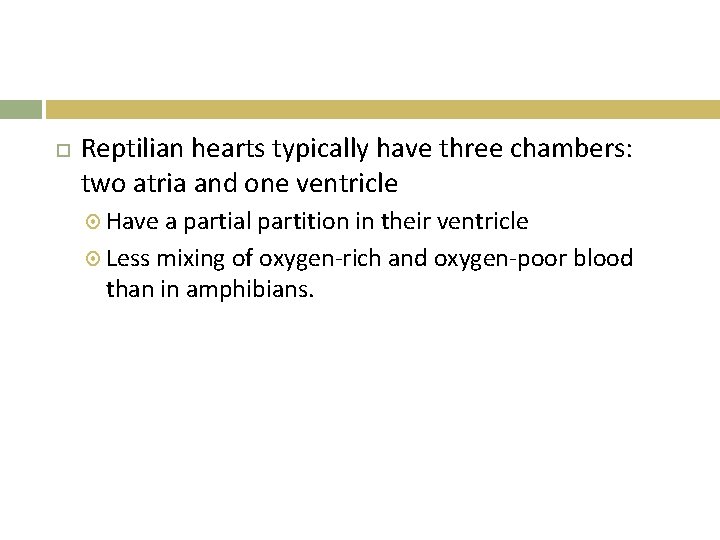  Reptilian hearts typically have three chambers: two atria and one ventricle Have a