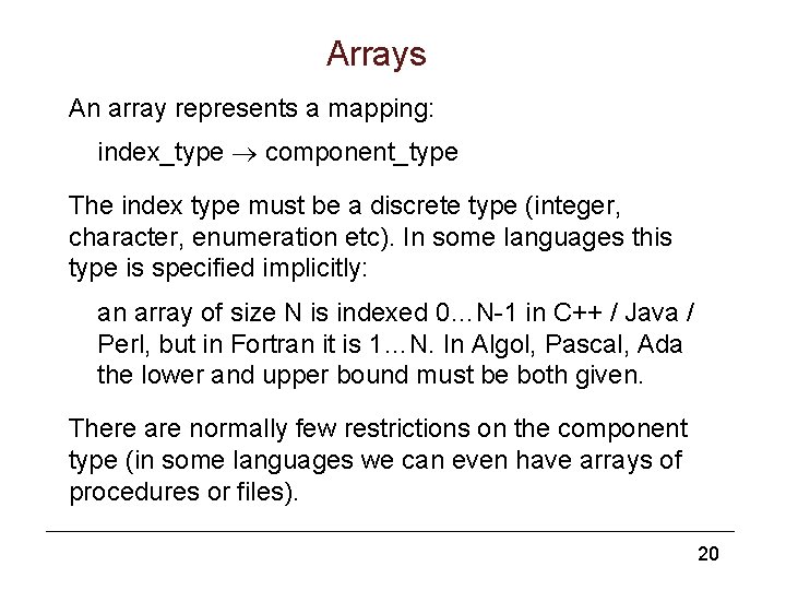 Arrays An array represents a mapping: index_type component_type The index type must be a