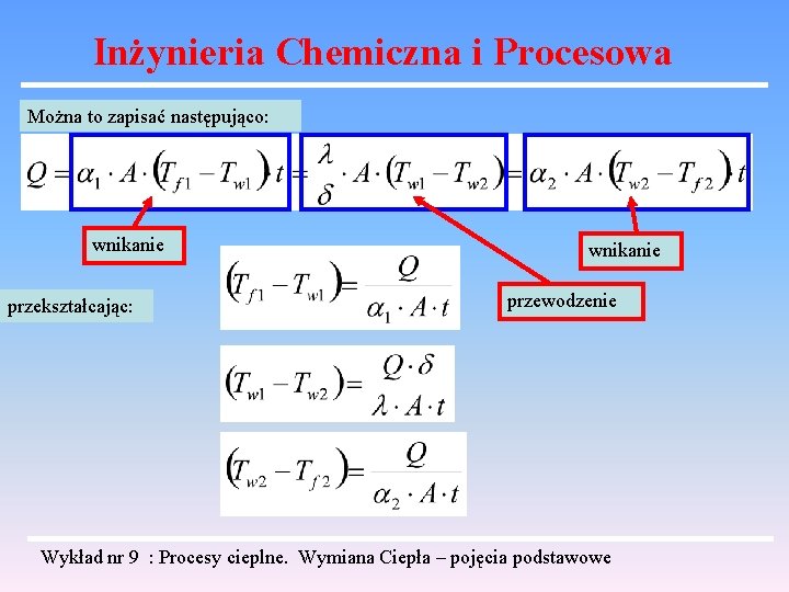 Inżynieria Chemiczna i Procesowa Można to zapisać następująco: wnikanie przekształcając: wnikanie przewodzenie Wykład nr