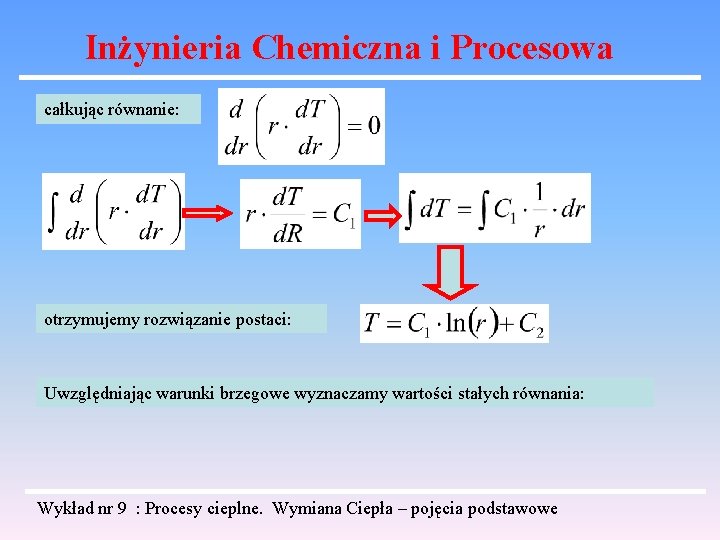 Inżynieria Chemiczna i Procesowa całkując równanie: otrzymujemy rozwiązanie postaci: Uwzględniając warunki brzegowe wyznaczamy wartości