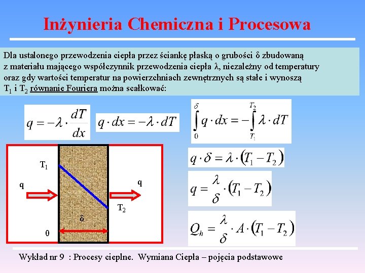 Inżynieria Chemiczna i Procesowa Dla ustalonego przewodzenia ciepła przez ściankę płaską o grubości δ